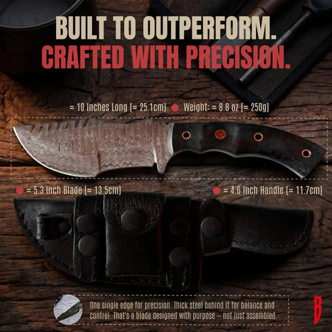 Beefy 10 Inch Damascus Steel Tracker Knife With Full Tang Fixed Blade Micarta Handle Leather Sheath For Rugged Bushcraft Camping