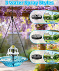 Hanging Sun Powered Bird Bath Fountain with 3 Layer Cascading Design and 3 Nozzles Blue Glass Bowl in Garden Setting