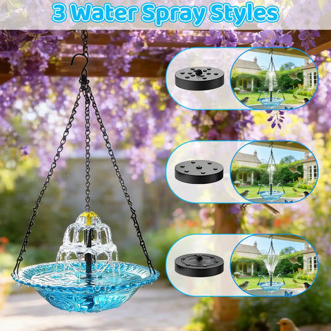 Hanging Sun Powered Bird Bath Fountain with 3 Layer Cascading Design and 3 Nozzles Blue Glass Bowl in Garden Setting