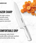 Gotta Have This Knockout 15 Piece Kitchen Knife Set Featuring Hella Sharp High Carbon Stainless Steel Blades on a marble background.