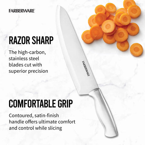 Gotta Have This Knockout 15 Piece Kitchen Knife Set Featuring Hella Sharp High Carbon Stainless Steel Blades on a marble background.