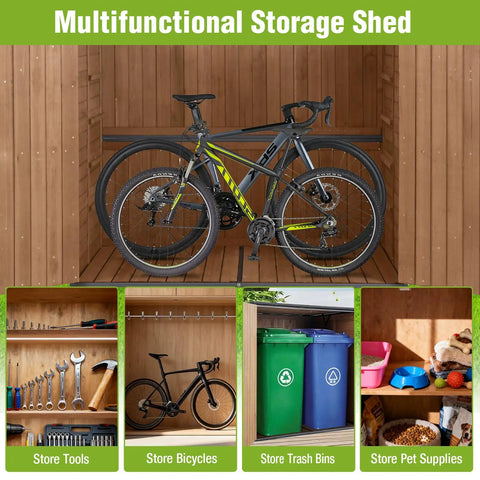 Outdoor Storage Shed With Sturdy Metal Frame And Wood Panels featuring bike, tools, trash bins, and pet supplies storage compartments