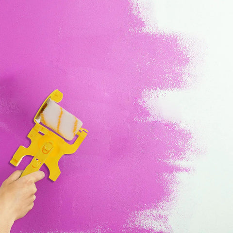 Yellow Corner Paint Roller Brush For Drywall And Door Frames Interior Walls Smooth No Sweat Finishing With Sturdy Grip Handle in action.