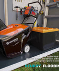 Vertical Storage Shed 51 Cu Ft Outdoor Resin Waterproof Cabinet for tools with orange lawn mower inside, sturdy flooring