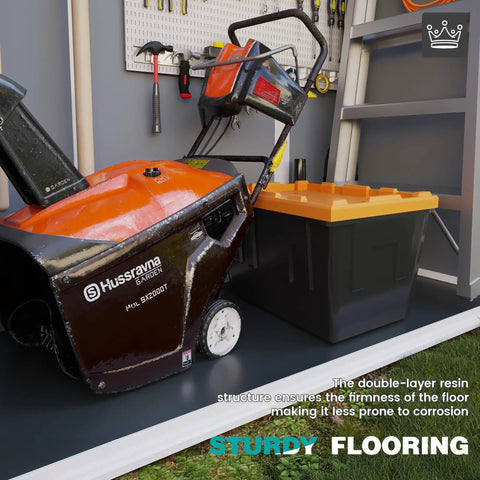 Vertical Storage Shed 51 Cu Ft Outdoor Resin Waterproof Cabinet for tools with orange lawn mower inside, sturdy flooring