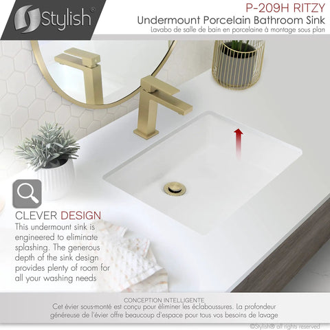 Rectangular Porcelain Undermount Bathroom Sink, 20.38 By 14.25 Inches, Sleek Shiny Finish, Stain Resistant, Smooth Surface, Chrome And Matte Black Overflow, Modern Durability For Any Bath, Model P-209H