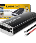 Hella Compact Dc To Ac Power Inverter Pumping 2000 Watt Continuous And 4500 Watt Peak Output with three AC sockets and cables.