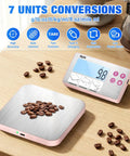 33lb Battery Powered Kitchen Scale With Detachable Display and coffee beans on 304 Stainless Steel platform, Pink.