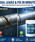 Straight Up Tough Steel Reinforced Epoxy Putty, Heavy Duty Two Part Adhesive Clay Filler For Bonding Metal Wood Plastic And Drywall, Fast Curing Sandable Repair Compound, 2 Pack Of 100 Grams showing before and after pipe repair.