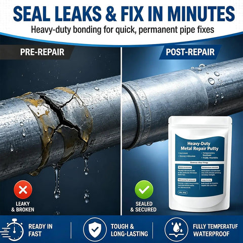 Straight Up Tough Steel Reinforced Epoxy Putty, Heavy Duty Two Part Adhesive Clay Filler For Bonding Metal Wood Plastic And Drywall, Fast Curing Sandable Repair Compound, 2 Pack Of 100 Grams showing before and after pipe repair.