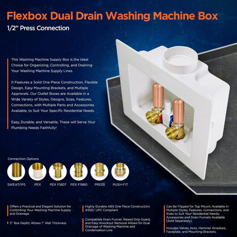Durable Washer Outlet Box With Brass Water Hammer Arrestor, Half Inch Press Connection, Dual Drain, Includes Two Quarter Turn Brass Valves