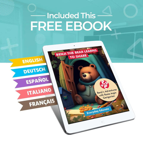 Tablet displaying 'Benji the Bear Learns to Share' ebook cover with multiple language options.
