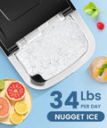 Countertop Nugget Ice Maker With Soft Chewable Pebble Ice 34 Lbs Per Day Self Cleaning One Button Operation Pellet Ice Maker For Home Kitchen RV Camping showing ice compartment and citrus fruits.