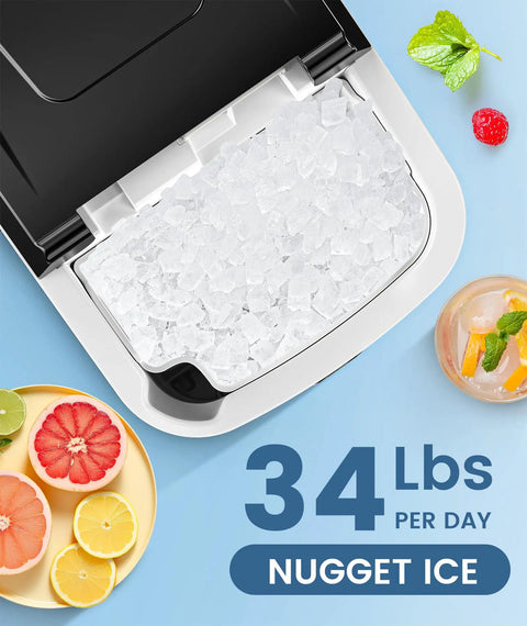 Countertop Nugget Ice Maker With Soft Chewable Pebble Ice 34 Lbs Per Day Self Cleaning One Button Operation Pellet Ice Maker For Home Kitchen RV Camping showing ice compartment and citrus fruits.