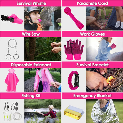 Emergency Survival Kit And First Aid Kit For Women With A Tactical MOLLE Pouch, outdoor gear including survival whistle, gloves.