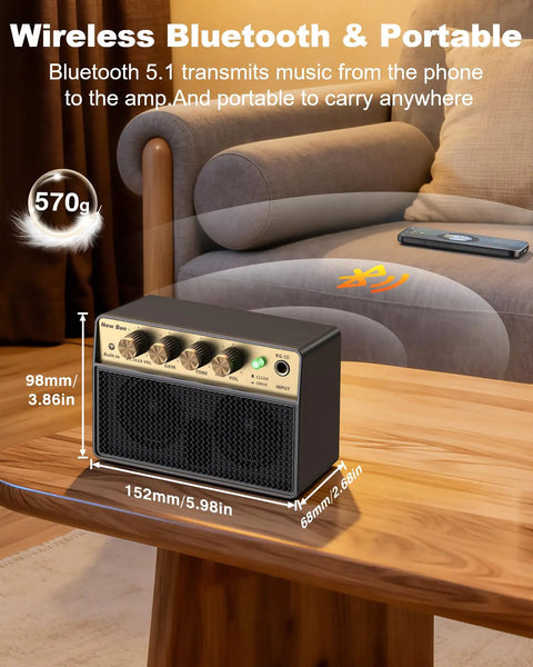 Portable 10W Electric Guitar Amplifier With Clean Drive Channel Pure Analog Tone USB C Rechargeable Bluetooth and 3.5mm Headphone AUX Jack Ultra Portable Practice Amp For Home Dorms And On The Go