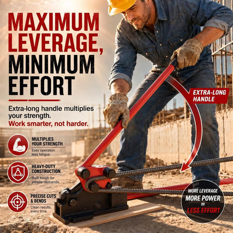 Man using Threlaco 2 In 1 Rebar Bender And Cutter Manual Metal Rod Bending Tool Effortlessly Cut And Bend Steel Rebar Up To 5/8 Inch Diameter Heavy Duty Construction Grade Bending Machine For DIY And Pro Jobs Red on construction site.