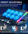 Six height adjustable eight fan gaming laptop cooling pad for 15 to 17.3 inch notebooks with RGB lighting and dual USB ports