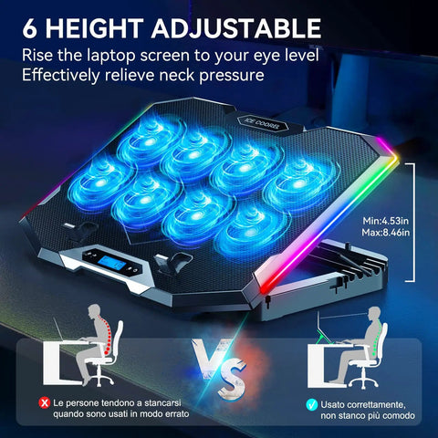Six height adjustable eight fan gaming laptop cooling pad for 15 to 17.3 inch notebooks with RGB lighting and dual USB ports
