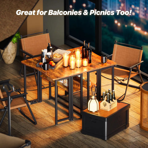 Foldable Computer Desk With Storage Shelf For Small Spaces Space Saving Sofa Table Beside The Couch Easy To Fold Rustic Brown Finish displayed on a balcony with ambient lighting and chairs around it
