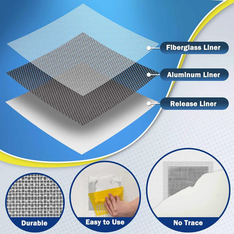 Diagram of large 10 by 10 inch drywall patch kit self adhesive fiberglass wall patch layers with usage examples