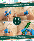 Steps showing wood carving process with gloves, knife, and Spruce tree from Wood Carving Kit For Kids And Beginners.