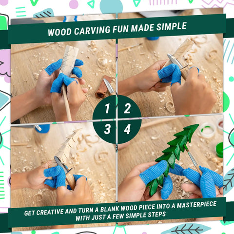 Steps showing wood carving process with gloves, knife, and Spruce tree from Wood Carving Kit For Kids And Beginners.