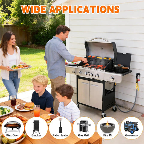Family grilling with Six Foot 0.5 Inch Inner Diameter Natural Gas Hose With Quick Connect Fitting Low Pressure Ready Conversion Kit