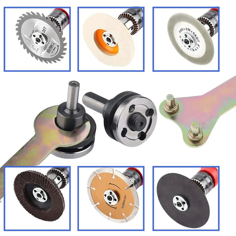 Drill To Grinder Adapter Kit With Flange Nut Set Converts Your Drill Into A Handy Mini Grinder Includes 10mm Arbor Mandrel Adaptor And Spanner Wrench Included showing various cutting discs and adapters.