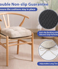 Memory Foam Dining Chair Cushions Set of 4, Tufted Indoor Chair Pads With Non Slip Ties, Ultra Comfy, shown on wooden dining chair