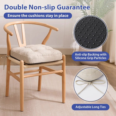 Memory Foam Dining Chair Cushions Set of 4, Tufted Indoor Chair Pads With Non Slip Ties, Ultra Comfy, shown on wooden dining chair