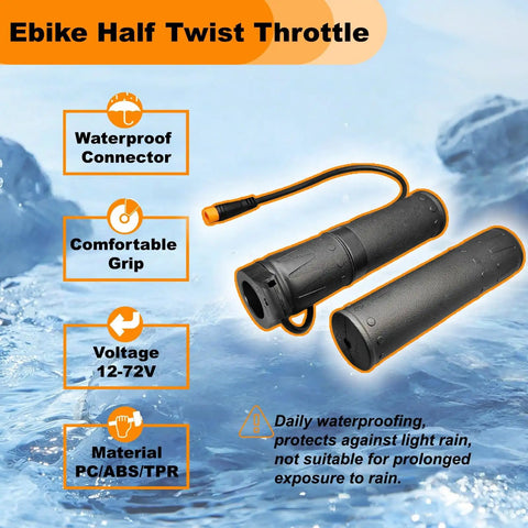 Half Twist Throttle For 22.2mm Handlebar Right Side Plug And Play Universal E Bike And Scooter Throttle Replacement With 3 Pin Waterproof Connector For 12V To 72V Systems, displayed on a blue background.