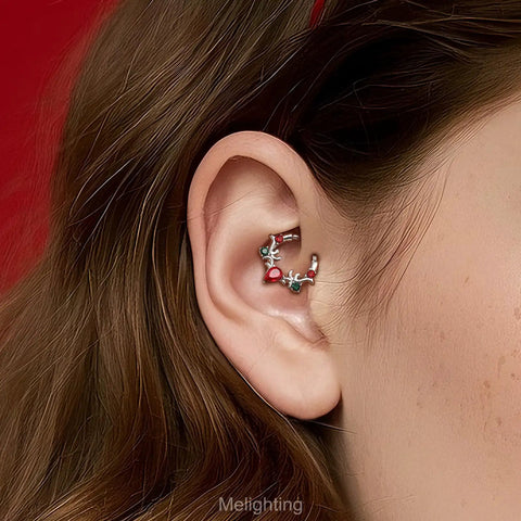 Bold 16G Christmas Themed Septum Ring Green And Red Stainless Steel 316L V Shaped Teardrop Daith Clicker on ear