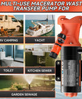 Multi-use 12V RV macerator pump for sewage with 12 GPM flow, 10 ft lift, and garden hose discharge for versatile waste management.