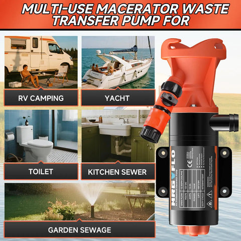 Multi-use 12V RV macerator pump for sewage with 12 GPM flow, 10 ft lift, and garden hose discharge for versatile waste management.