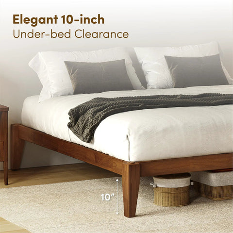 Premium King Solid Wood Bed Frame With Classic Japanese Joinery And Reinforced Wooden Slats For Rock Solid Support That Ditches The Box Spring Requirement While Providing Hassle Free Assembly For Your Cozy Bedroom Vibe In Rich Walnut showing 10-inch under-bed clearance.