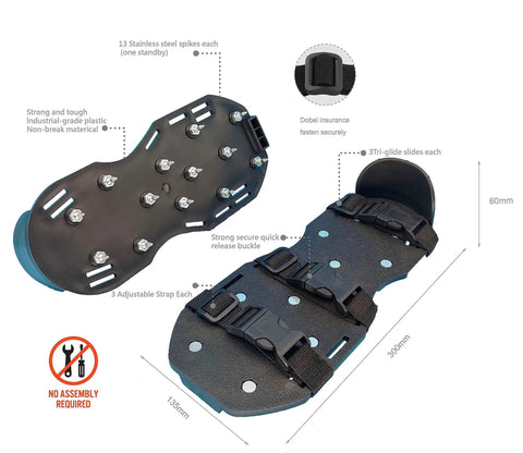 Gunite Epoxy Floor Spiked Shoes With Three Quarter Inch Short Spikes, showing top view and bottom view of black, fully assembled shoes