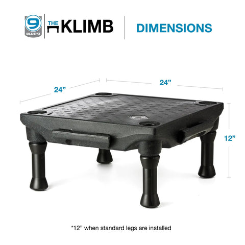 KLIMB Dog Training Platform showing dimensions 24x24x12 inches for indoor and outdoor use, durable and portable design.