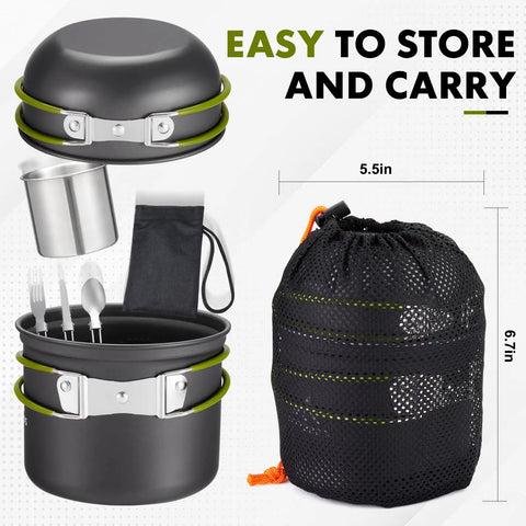 Lightweight Backpacking Camping Cookware Set with foldable handles, pots, pans, cup, utensils in storage bag