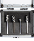 Carbide Rotary Burr Set For Aluminum And Nonferrous Metals, One Quarter Inch Shank, 4 Pack Polishing Bits in a protective case.