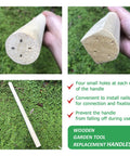 Two Pack Solid Wood Replacement Garden Handles 50 Inch Grub Hoe Style With Horseshoe Heads, close-up showing ends with holes for nails.