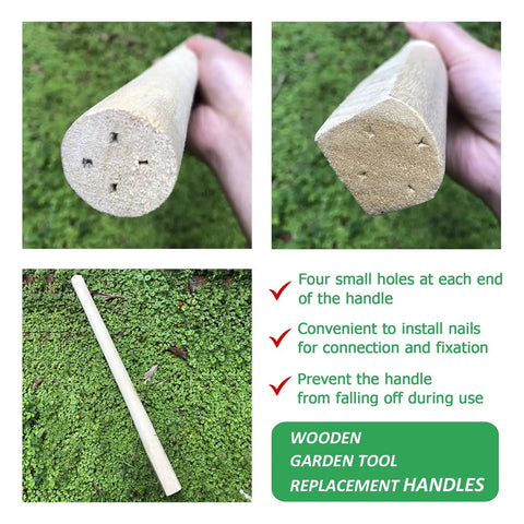 Two Pack Solid Wood Replacement Garden Handles 50 Inch Grub Hoe Style With Horseshoe Heads, close-up showing ends with holes for nails.