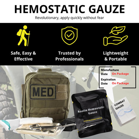 First Aid Advanced Quick Clot Combat Gauze kit, 3-in x 12.5-ft Kaolin hemostatic gauze in black pouch