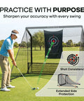 Golfer using All In One Golf Practice Net With Mat For Backyard And Garage Training Portable Driving Cage With Target Side Barriers