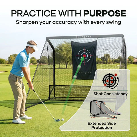 Golfer using All In One Golf Practice Net With Mat For Backyard And Garage Training Portable Driving Cage With Target Side Barriers