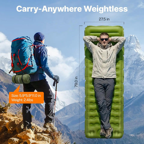 Ultralight Inflatable Sleeping Pad With Built In Pillow And Foot Pump For Camping, 6 Inch Thick, used by hiker in mountains