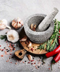 Unpolished Granite Mortar And Pestle Set With Silicone Lid 2 Cup Capacity Garlic Peeler Non Slip Pad 5.5 Inch Spice Grinder