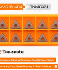 Ten Tanomate TNMG160404 carbide turning inserts in orange organizer tray (front view)