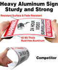 Person bending Built Tough 10 By 7 Inch No Trespassing Video Surveillance Sign Made From 0.40 Aluminum showing durability comparison