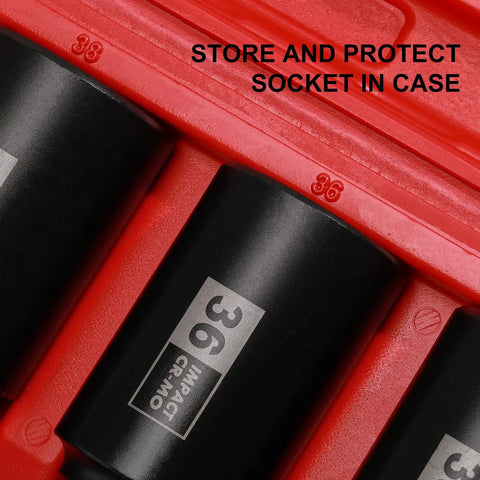 Deep Axle Nut Socket Set For One Half Inch Drive With 12 Point Design Extra Deep Impact Sockets 29mm To 39mm CR MO in case